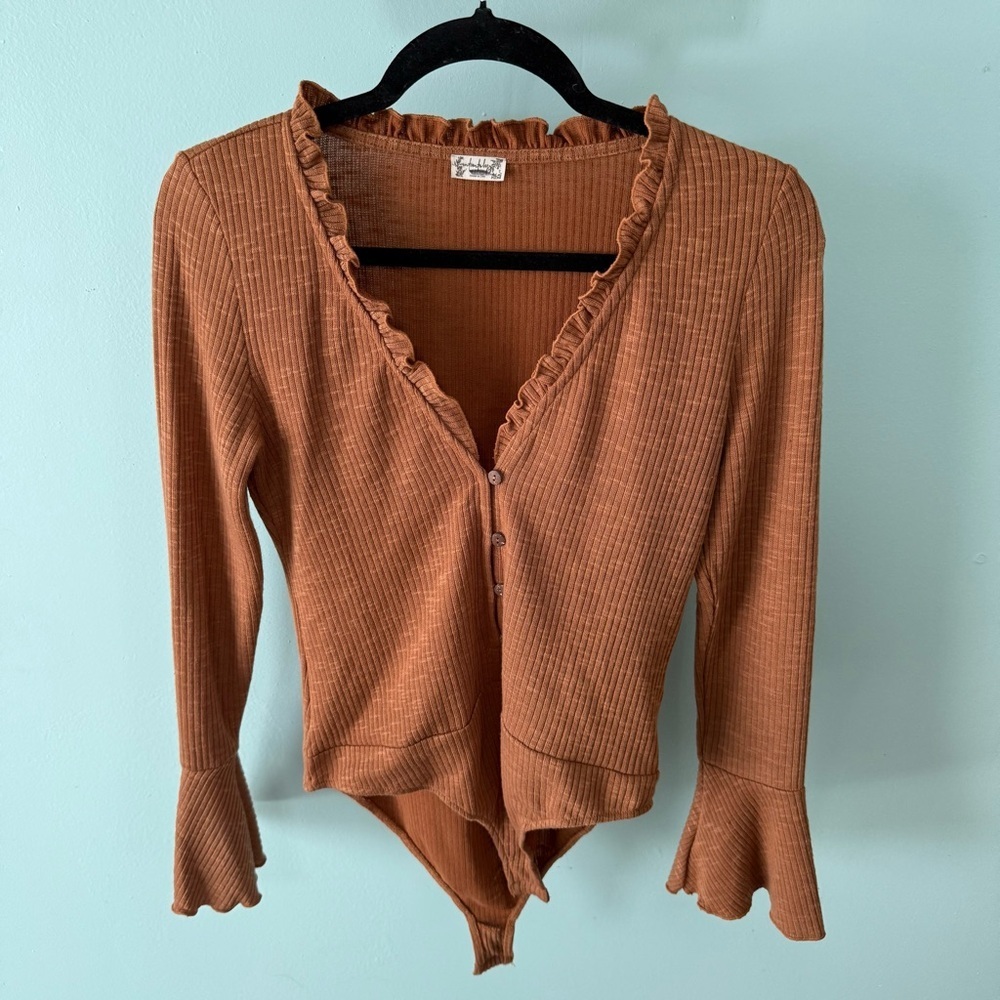 Intimately by Free People Sleeve Ruffled Rust Button-Up Body Suit Size Medium